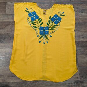 Handmade Yellow Blouse from Oaxaca, Mexico – Blue Embroidered Flowers with Keyho